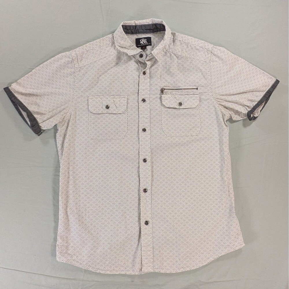 Mens Rock & Republic Short Sleeve Shirt White W/Gray Geometric Button Up Size M